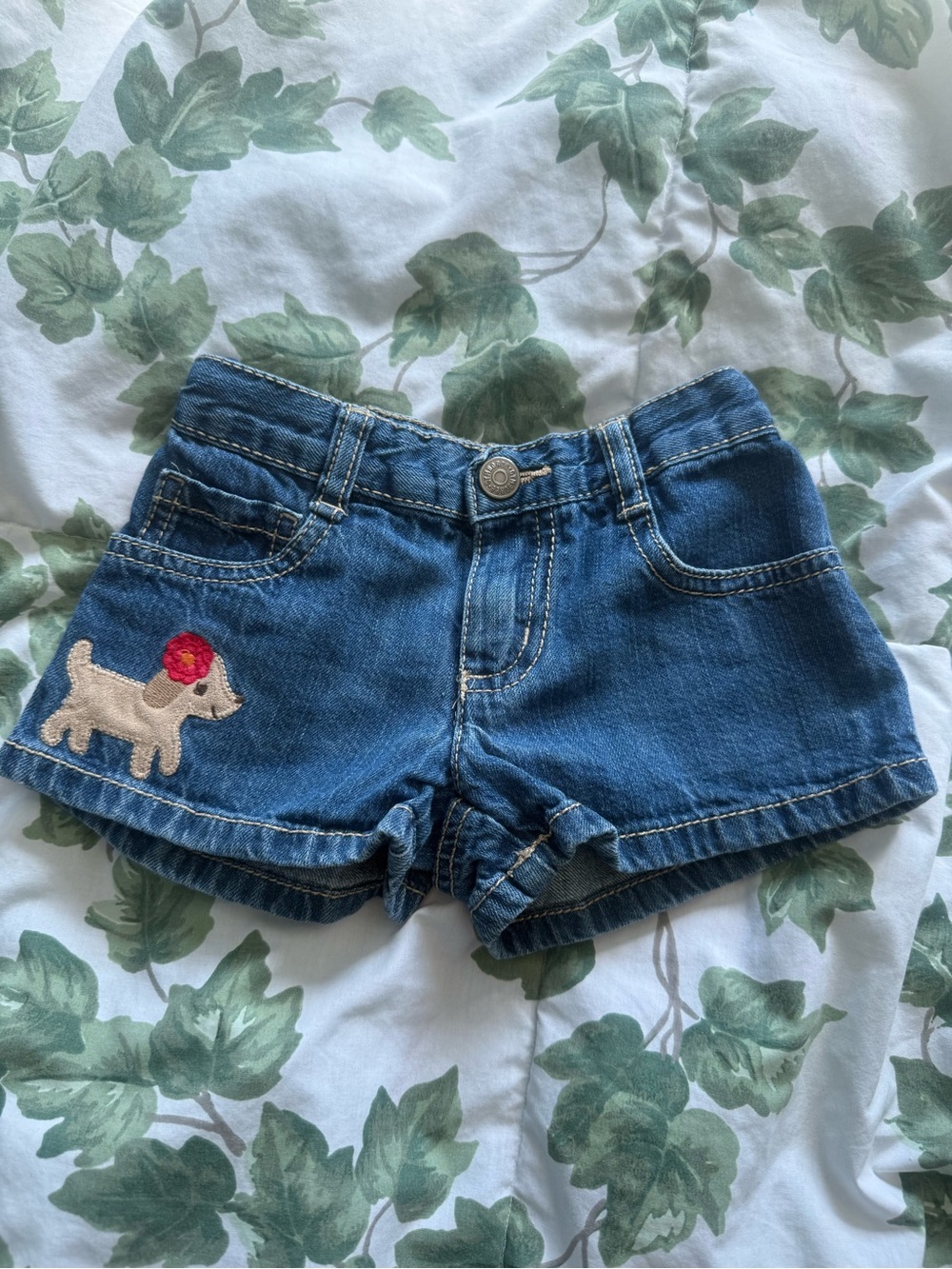 Gymboree Denim Shorts with Puppy Patch and Red Flower